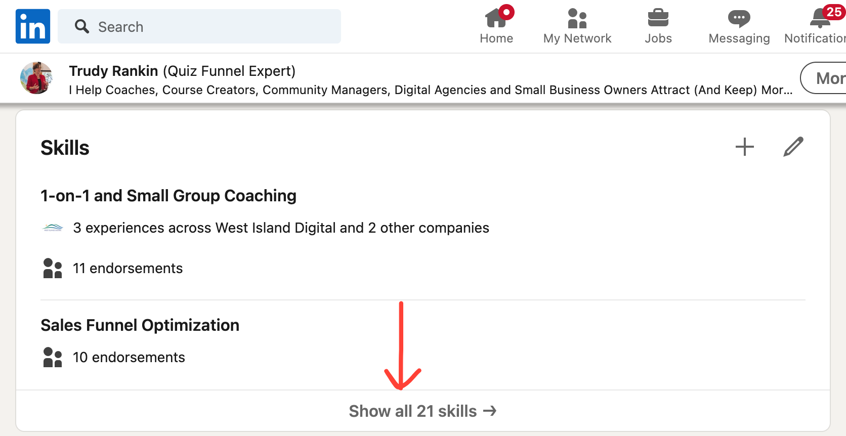 LinkedIn profile example showing the Skills section