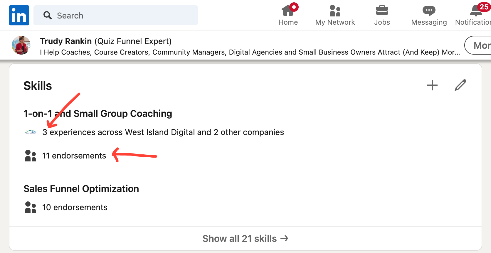 LinkedIn profile example showing the Skills section and what it looks like after combining skills with organisations