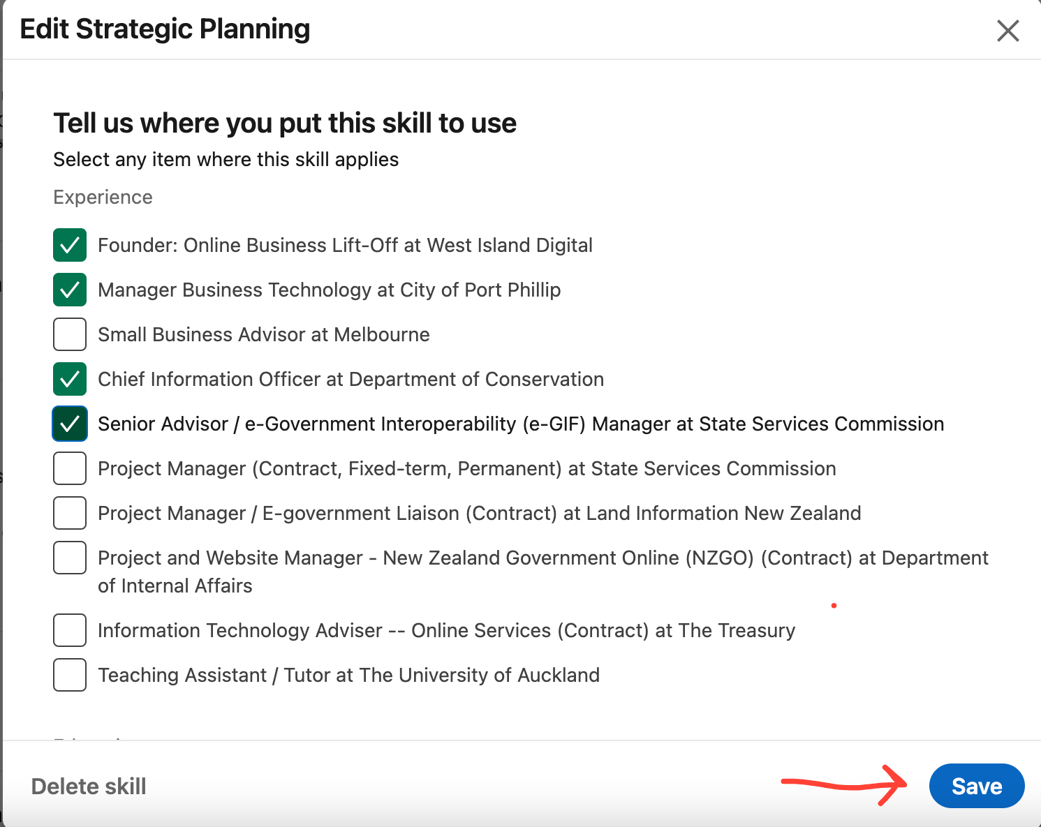 LinkedIn profile example showing the Skills section and how to choose the organisations from your experience section that align with those skills