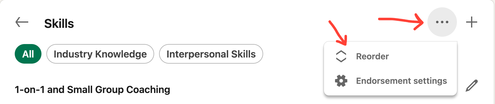 LinkedIn profile example showing the Skills section and how to change the order they are listed in
