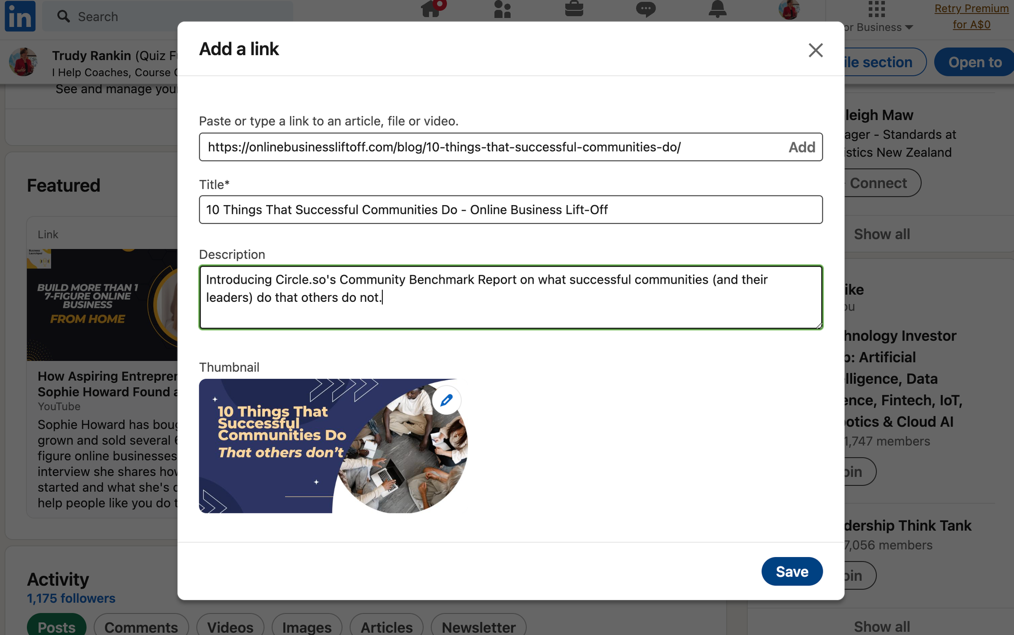 Image displays the fields to fill out when adding an item to your LinkedIn profile Featured section