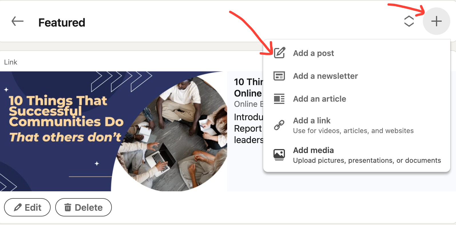 Image is a screenshot showing how to add in items to your LinkedIn Profile Featured section