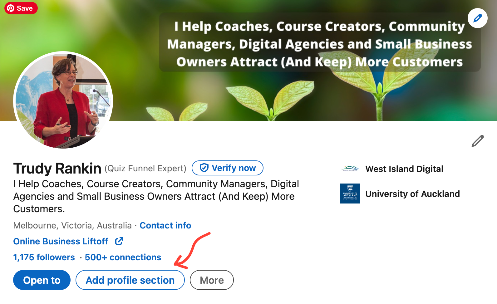 Image shows how to add a new profile section (in this case to add the Services section)