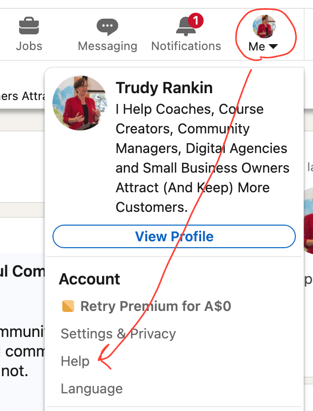 Image shows how to access LinkedIn's Help section