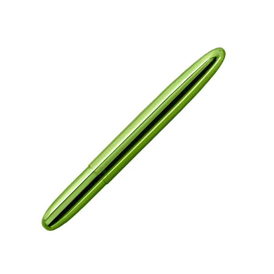 Image shows a lime green metal pen on a white background