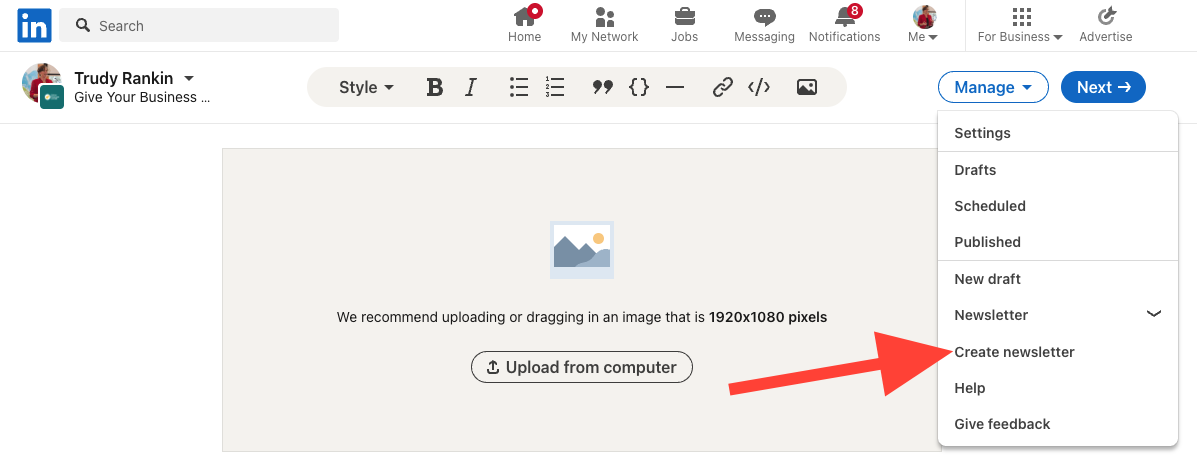 Shows how to start your newsletter. Step 3 - Click on "create newsletter".