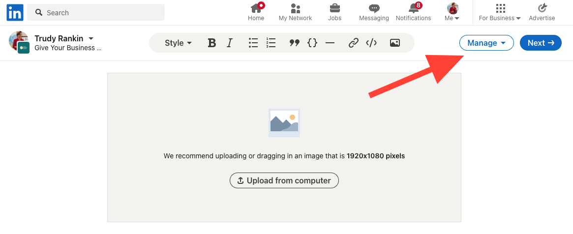 Shows how to start your newsletter. Step 2 - in the upper right hand corner click on the "manage" dropdown arrow