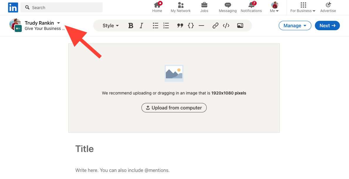 To write your newsletter Click the "home" icon, then click "write article", then go to the left top corner and click on the your name