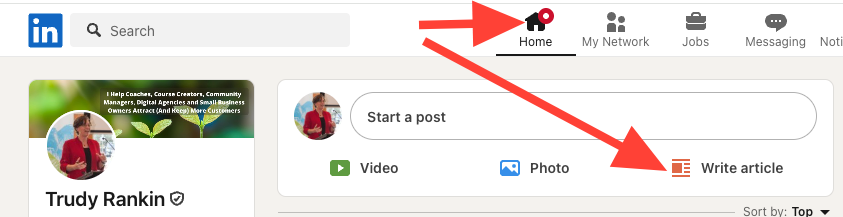 Shows how to start your newsletter. Step 1 - click the home icon and then "write article"