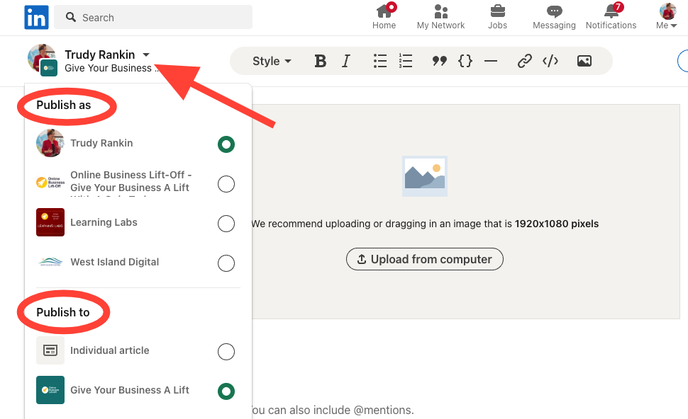 To write your newsletter - then choose who to "publish as" and who to "publish to"