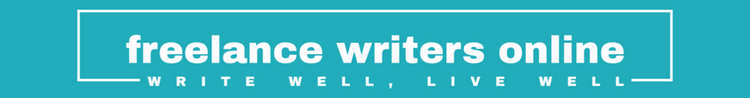 Teal and white logo that says freelance writers online write well, live well