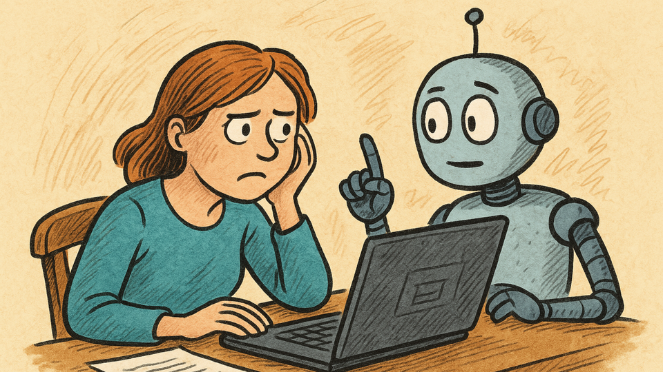 A robot is talking to a cross/grumpy writer who is trying to write something on their laptop.