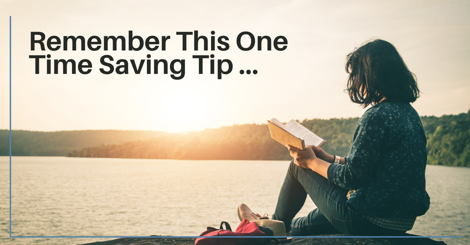 Woman reading a book by a lake at sunset.  Title says “Remember this one time saving tip”.